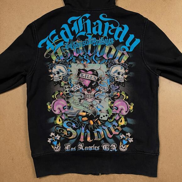 Vintage Ed Hardy Full Zip Hoodie Sweatshirt Faded Black Grunge Goth Emo Y2K - Picture 8 of 16